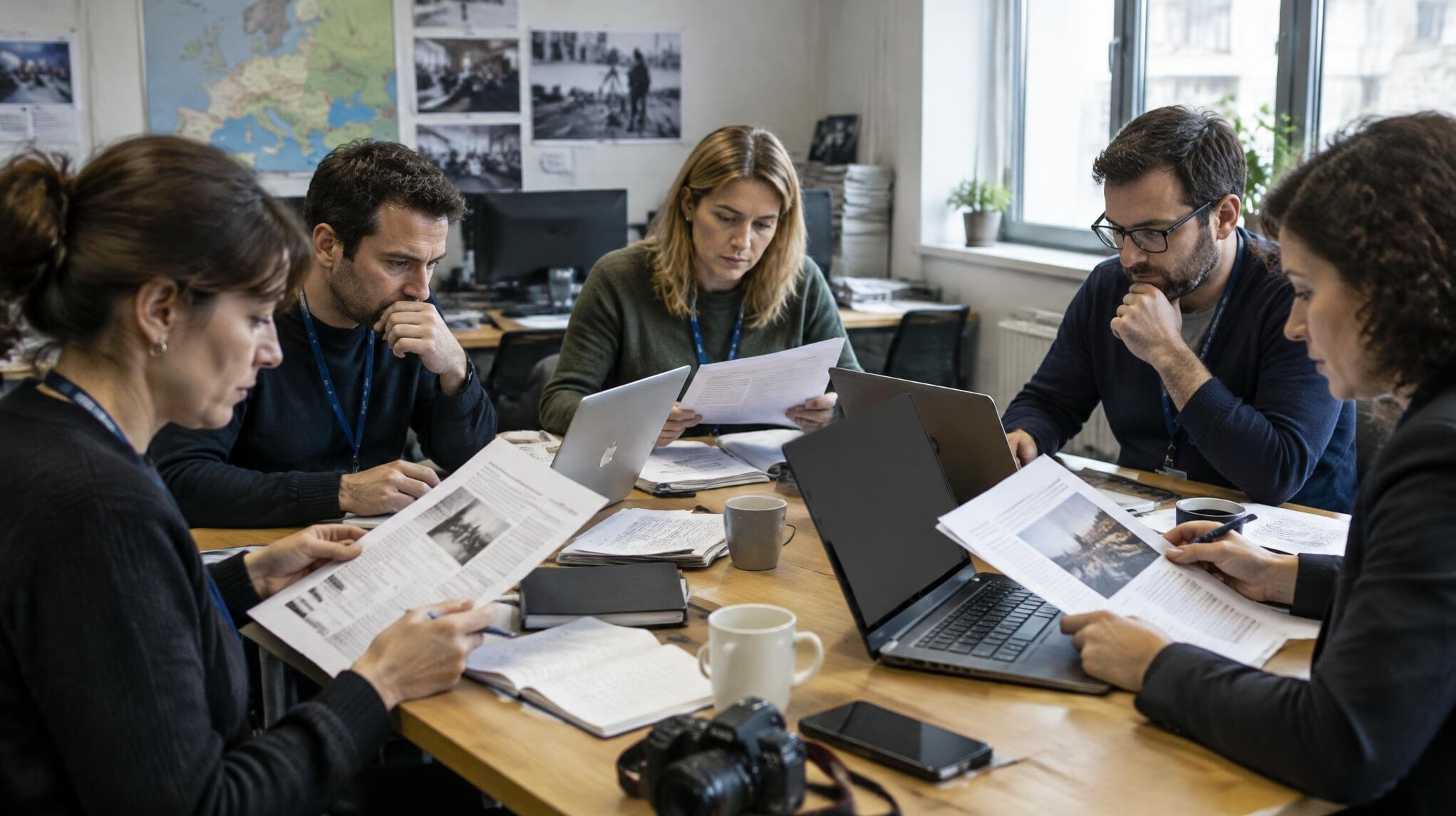 Team of journalists reviewing documents together in a newsroom