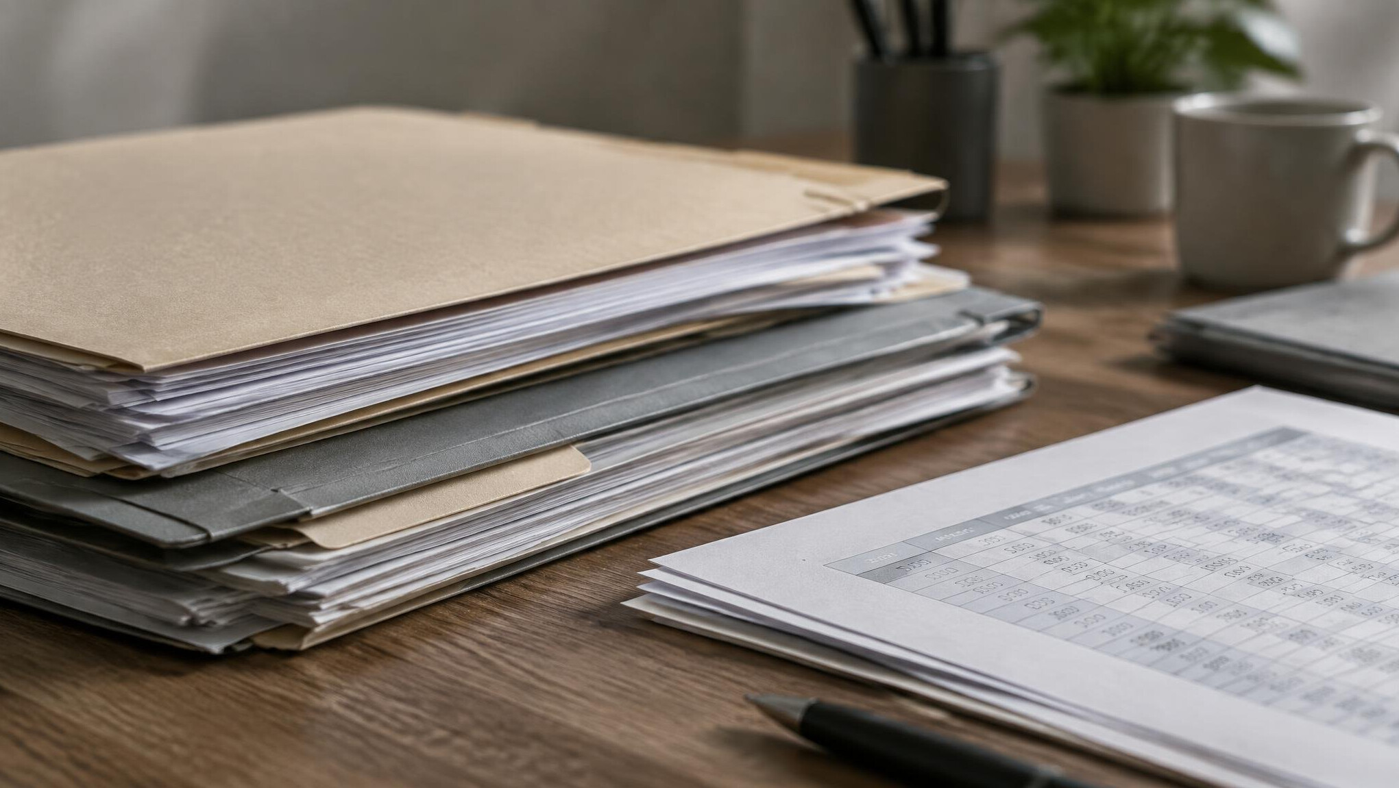 Close-up of stacked paper files and folders on a desk