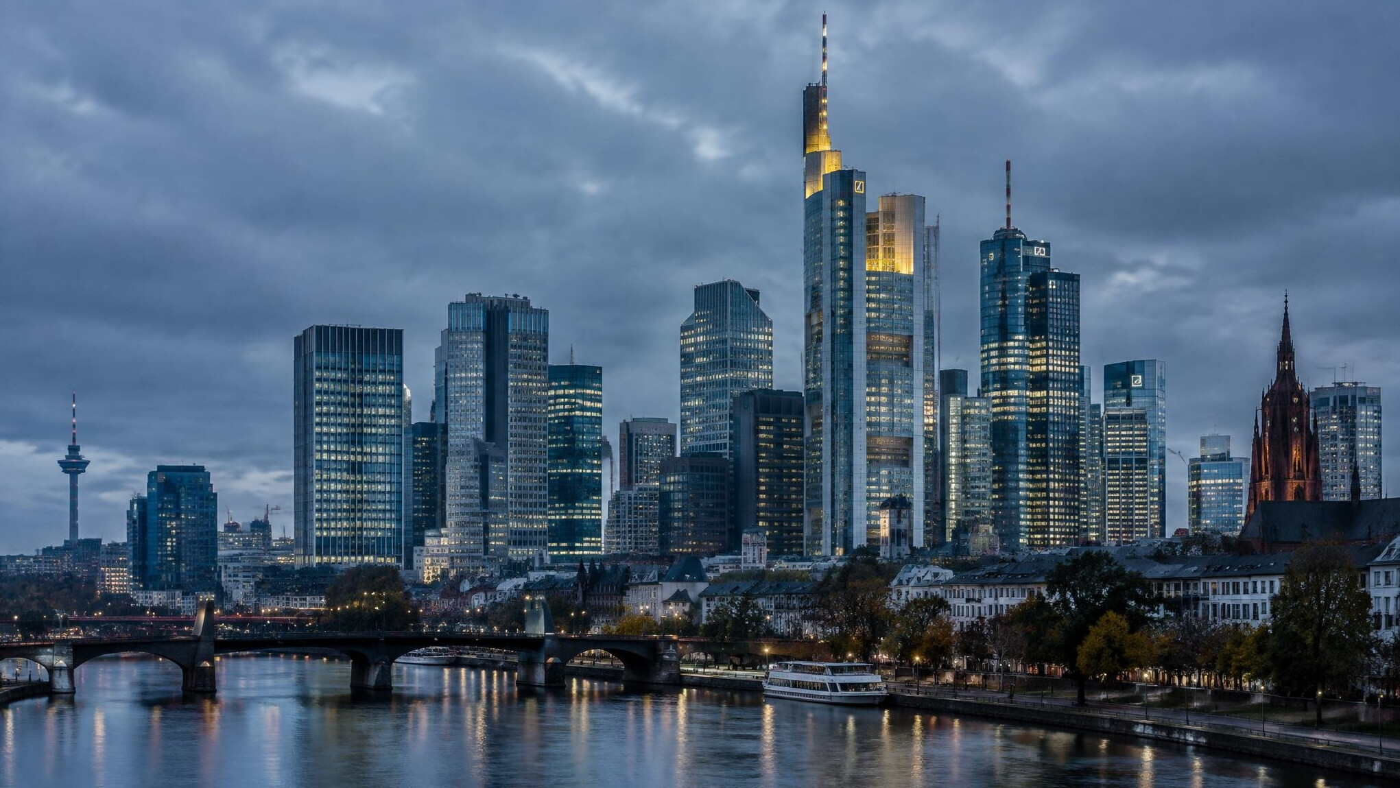 Skyline of a Swiss financial district with bank towers at dusk